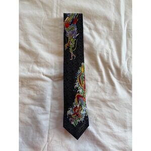 Ed Hardy Christian Audigier Mens Silk Dragon Tattoo Print Necktie Black Y2K